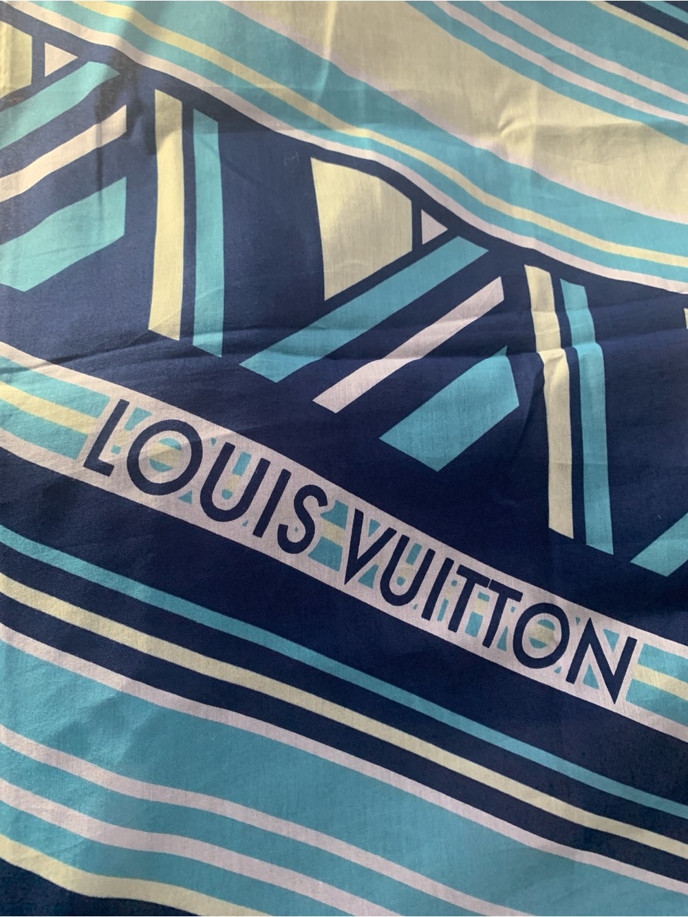 Pre Owned Louis Vuitton Navy, Aqua and Pale Yellow Striped Logo Scarf